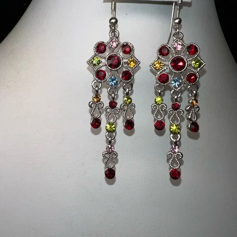 Silver Tone and Colorful Crystal Boho Chandelier Earrings - Picture 2 of 7